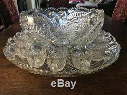 Vintage Cut Crystal Glass Punch Bowl, Tray, Ladle and 13 Cups