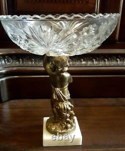 Vintage Cut Glass Crystal Bowl Bronze/Brass Cherub Putti Pedestal Marble Base