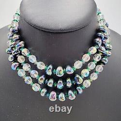 Vintage Czech AB Cut Crystal Oil Slick Faceted Glass Beads Necklace 3 Stranded