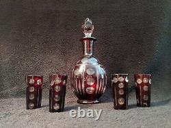 Vintage Czech Bohemian Crystal Ruby Cut Clear Cordial Liquor Glasses Decanter