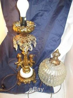 Vintage Double Cherub Putti Lamp Cut Glass Globe Hanging Crystals Prism