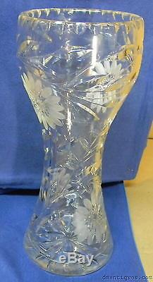 Vintage Elegant Cut Crystal Glass Vase withEtched Flowers Leaves Pattern 12 Tall