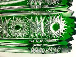 Vintage Emerald Green Cut to Clear Crystal Glass Vessel Vase Heavy Bohemia