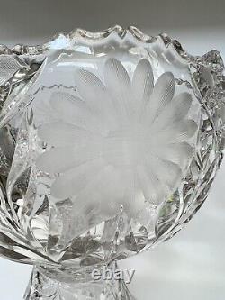 Vintage Etched Cut Glass Crystal Two Piece Floral Punch Bowl
