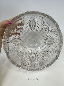 Vintage Etched Cut Glass Crystal Two Piece Floral Punch Bowl