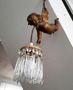 Vintage Flying Cherub Pendant Ceiling Light Cast Metal & Crystal Cut Glass Drops