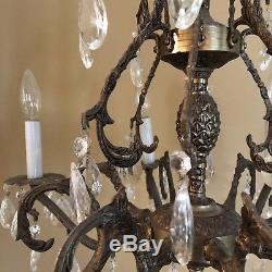 Vintage French Brass Bronze Cut Glass Crystal Double Pineapple Chandelier Light