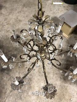 Vintage French Brass Bronze Cut Glass Crystal Double Pineapple Chandelier Light