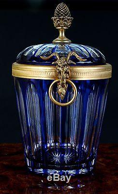 Vintage French Cobalt Cut-to-Clear Crystal Ice Bucket