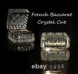 Vintage French Crystal Cut Glass Hinged Trinket Jewelry Box Gold Trim