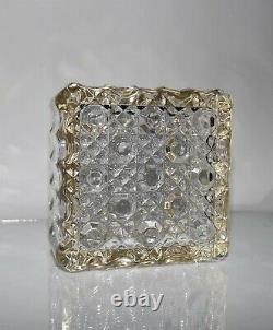 Vintage French Crystal Cut Glass Hinged Trinket Jewelry Box Gold Trim