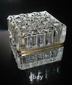 Vintage French Crystal Cut Glass Hinged Trinket Jewelry Box Gold Trim