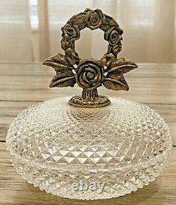 Vintage French Cut Crystal Glass Ormolu Dresser Trinket Powder Jewelry Box Jar