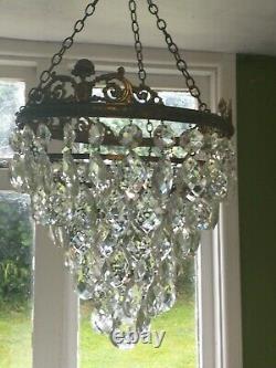 Vintage French Six Tier Gilt Brass Chandelier With Faceted Cut Glass Drops