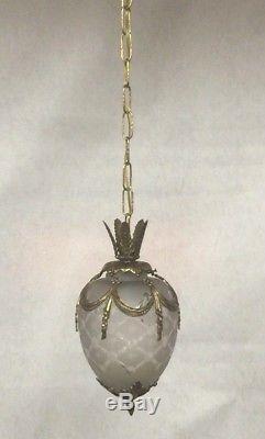 Vintage French Style Art Nouveau Frosted Glass Cut Crystal Globe Chandelier