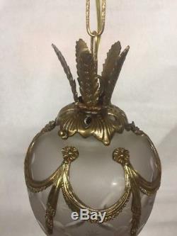 Vintage French Style Art Nouveau Frosted Glass Cut Crystal Globe Chandelier