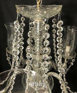 Vintage French Style Cut Crystal 5 Arm Chandelier Etched Globes Draping Crystals