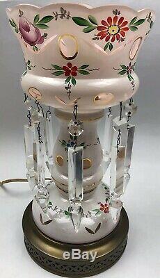 Vintage GLASS HANDPAINTED & CUT Polished Floral Table LAMP WithCrystal Prisms