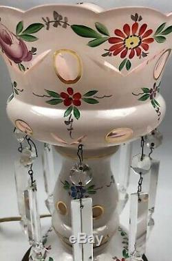 Vintage GLASS HANDPAINTED & CUT Polished Floral Table LAMP WithCrystal Prisms