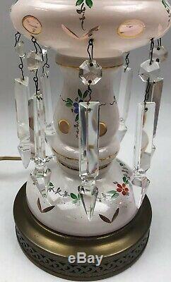 Vintage GLASS HANDPAINTED & CUT Polished Floral Table LAMP WithCrystal Prisms