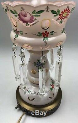 Vintage GLASS HANDPAINTED & CUT Polished Floral Table LAMP WithCrystal Prisms