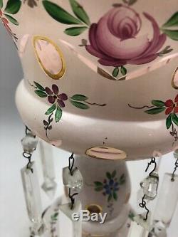 Vintage GLASS HANDPAINTED & CUT Polished Floral Table LAMP WithCrystal Prisms