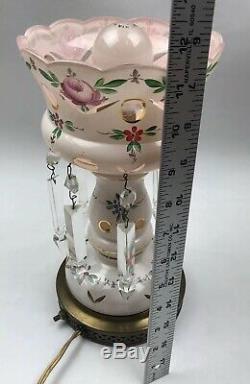 Vintage GLASS HANDPAINTED & CUT Polished Floral Table LAMP WithCrystal Prisms