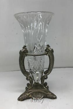 Vintage Godinger Shannon Crystal Cut Glass Vase With Metal Base Free Ship