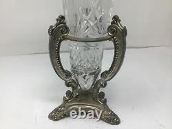 Vintage Godinger Shannon Crystal Cut Glass Vase With Metal Base Free Ship