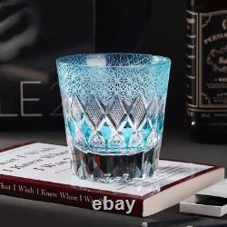 Vintage Hand Cut Edo Kiriko Whisky Glasses, Rocks Sea Blue Crystal Barware Glass