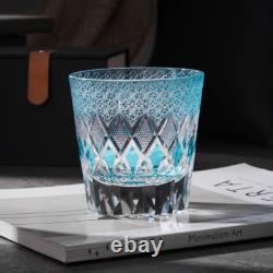Vintage Hand Cut Edo Kiriko Whisky Glasses, Rocks Sea Blue Crystal Barware Glass