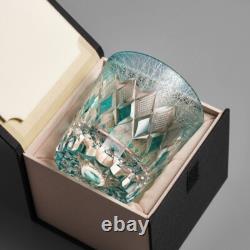 Vintage Hand Cut Edo Kiriko Whisky Glasses, Rocks Sea Blue Crystal Barware Glass