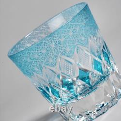 Vintage Hand Cut Edo Kiriko Whisky Glasses, Rocks Sea Blue Crystal Barware Glass