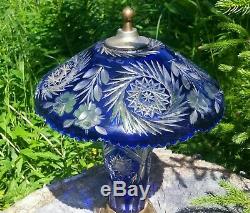 Vintage Hand cut Crystal Cobalt Blue Lamp Marked Dresden by Peck