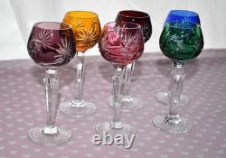 Vintage Harlequin Bohemian Cut Crystal Multicolored Set of 6 Hock Wine Glasses
