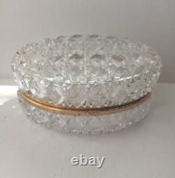 Vintage Heavy Cut Crystal Glass And Brass Oval Casket Jewelry Vanity Anniversary