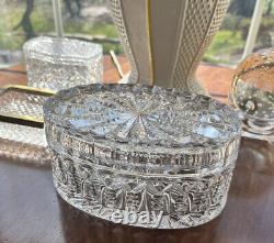 Vintage Heavy Cut Crystal Glass Oval Casket Jewelry Trinket/ Large / Beautiful