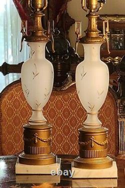 Vintage Hollywood Regency Lamps Pair Urn Ormolu Table Satin Crystal Gold Bronze