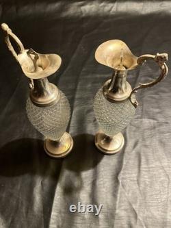 Vintage Italian Cut Crystal & Silverplate Ewers Pair