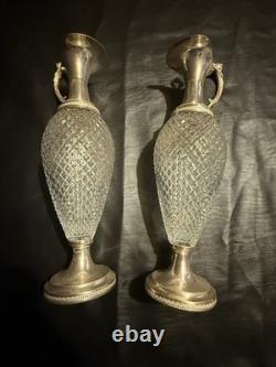Vintage Italian Cut Crystal & Silverplate Ewers Pair