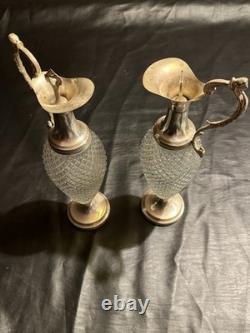 Vintage Italian Cut Crystal & Silverplate Ewers Pair