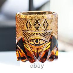 Vintage Japanese Edo Kiriko Style Hand Cut Amber Black Rock Tumbler Whisky Glass