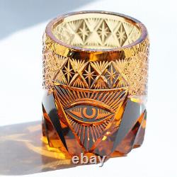 Vintage Japanese Edo Kiriko Style Hand Cut Amber Black Rock Tumbler Whisky Glass