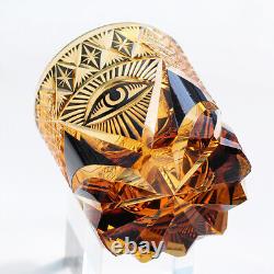 Vintage Japanese Edo Kiriko Style Hand Cut Amber Black Rock Tumbler Whisky Glass
