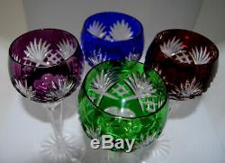 Vintage Jewel Tones Bohemian Czech Crystal Cut To Clear Wine Hock Glass Set Of 4