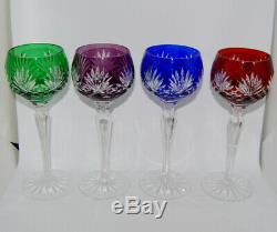 Vintage Jewel Tones Bohemian Czech Crystal Cut To Clear Wine Hock Glass Set Of 4