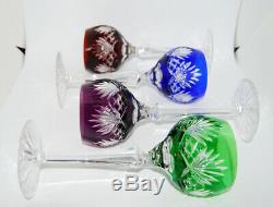 Vintage Jewel Tones Bohemian Czech Crystal Cut To Clear Wine Hock Glass Set Of 4