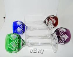 Vintage Jewel Tones Bohemian Czech Crystal Cut To Clear Wine Hock Glass Set Of 4