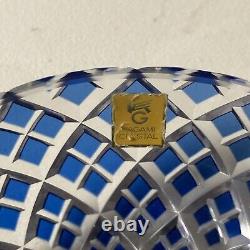 Vintage Kagami Japan Blue Cut Crystal Trinket Dish Bowl Gold Label -Beautiful