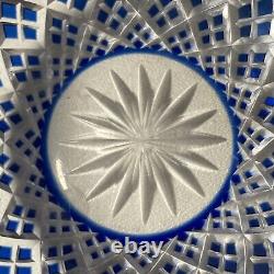 Vintage Kagami Japan Blue Cut Crystal Trinket Dish Bowl Gold Label -Beautiful